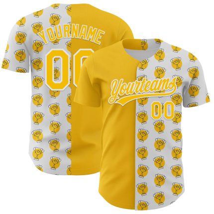 Personalized 3D Pattern Design Champion Trophy Baseball Jersey - White Yellow Authentic Personalized White Yellow 3D Pattern