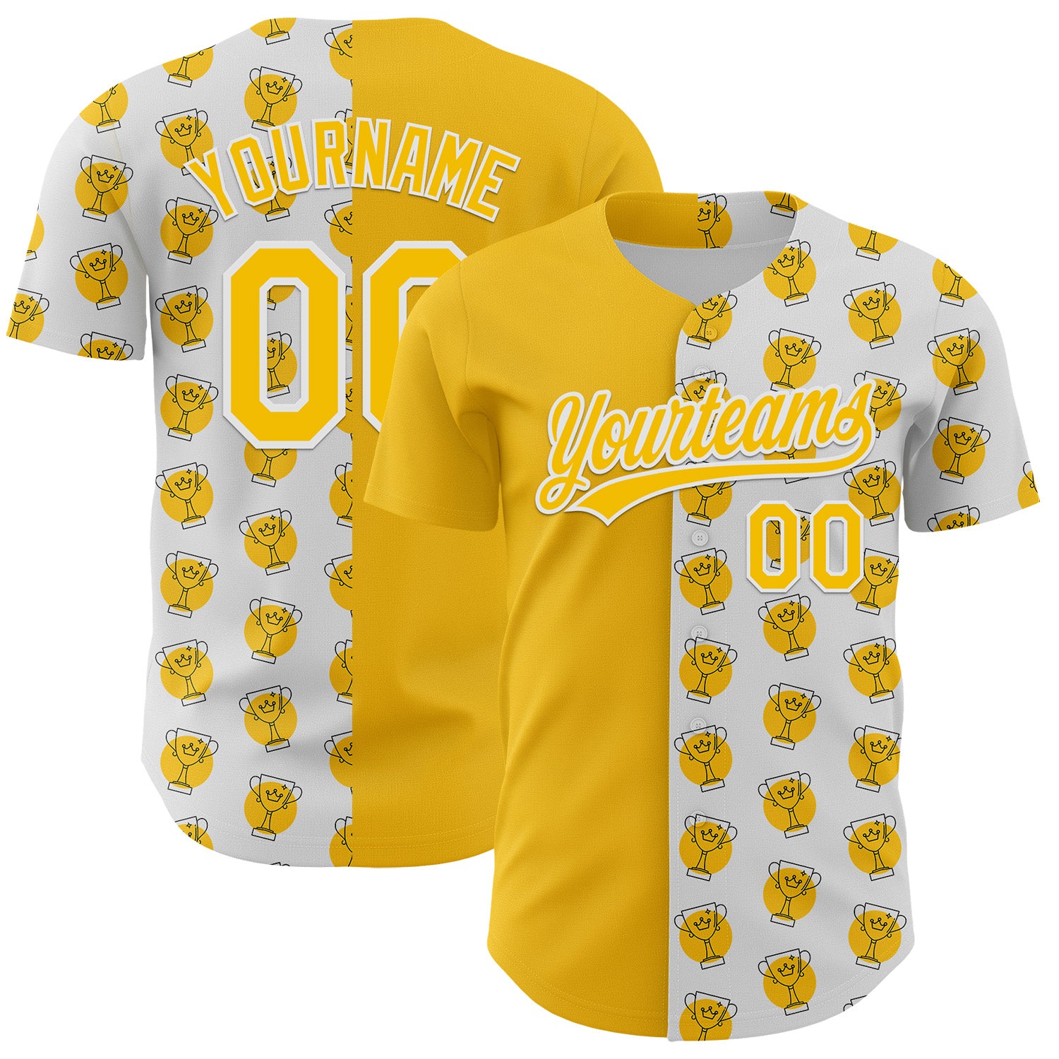 Personalized 3D Pattern Design Champion Trophy Baseball Jersey - White Yellow Authentic Personalized White Yellow 3D Pattern