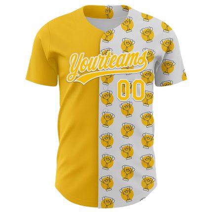 Personalized 3D Pattern Design Champion Trophy Baseball Jersey - White Yellow Authentic Personalized White Yellow 3D Pattern