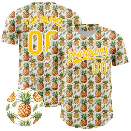 Custom Name and Number Personalized 3D Pineapple Pattern Baseball Jersey - White Yellow Design Personalized White Yellow