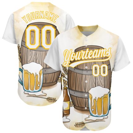 Custom 3D Pattern Baseball Jersey for International Beer Day - Personalized White Yellow with Name and Number Personalized