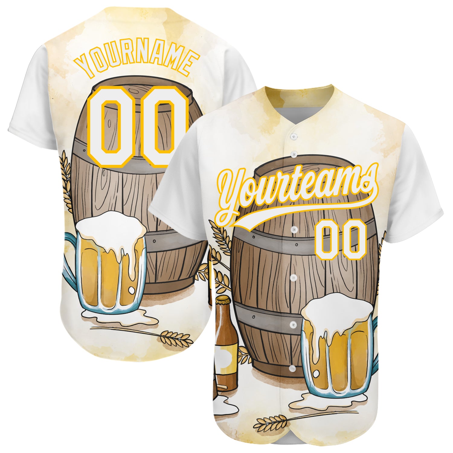 Custom 3D Pattern Baseball Jersey for International Beer Day - Personalized White Yellow with Name and Number Personalized