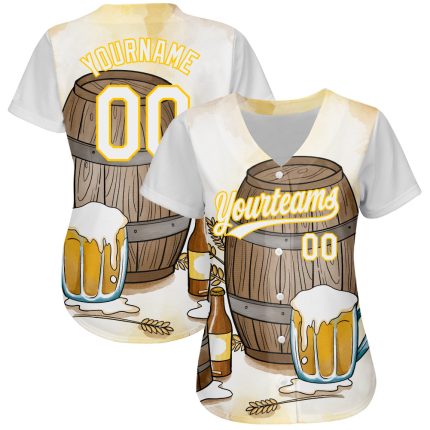 Custom 3D Pattern Baseball Jersey for International Beer Day - Personalized White Yellow with Name and Number Personalized