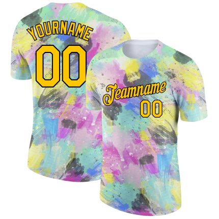 Custom Name and Number 3D Pattern Abstract Doodle Performance T-Shirt - Personalized White Yellow Black Design Personalized