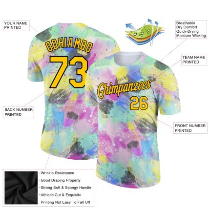Custom Name and Number 3D Pattern Abstract Doodle Performance T-Shirt - Personalized White Yellow Black Design Personalized