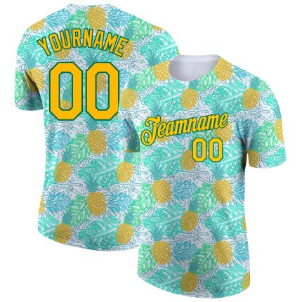 Personalized Hawaii Tropical Palm Leaves Pineapple Performance T-Shirt, 3D Pattern Design in White Yellow Kelly Green Personalized
