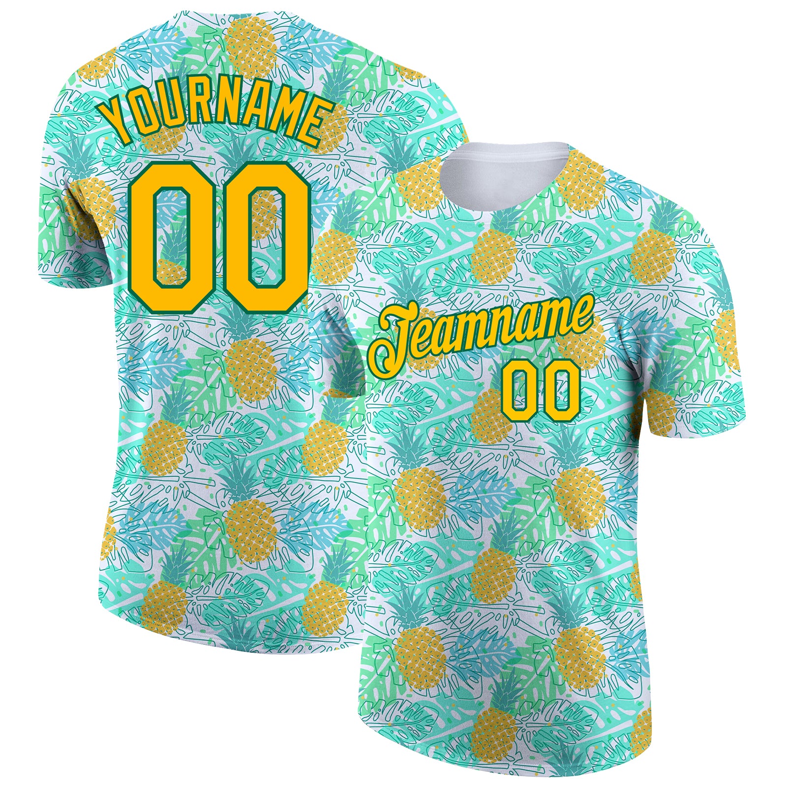 Personalized Hawaii Tropical Palm Leaves Pineapple Performance T-Shirt, 3D Pattern Design in White Yellow Kelly Green Personalized