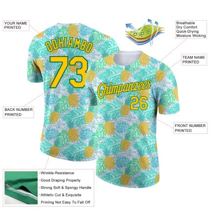 Personalized Hawaii Tropical Palm Leaves Pineapple Performance T-Shirt, 3D Pattern Design in White Yellow Kelly Green Personalized