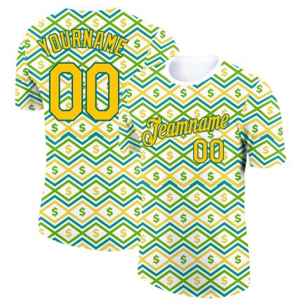 Custom Name and Number Dollar Sign Money Theme T-Shirt in White Yellow Midnight Green 3D Pattern Design Personalized White