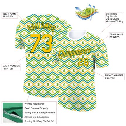 Custom Name and Number Dollar Sign Money Theme T-Shirt in White Yellow Midnight Green 3D Pattern Design Personalized White