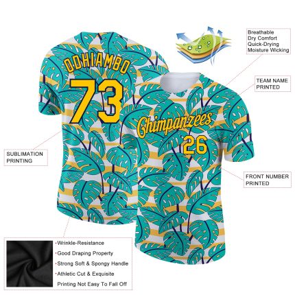 Custom Hawaii Palm Leaves Performance T-Shirt with Personalized Name & Number in White Yellow-Navy 3D Pattern Design Personalized