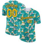 Custom Hawaii Palm Leaves Performance T-Shirt with Personalized Name & Number in White Yellow-Navy 3D Pattern Design Personalized