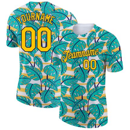 Custom Hawaii Palm Leaves Performance T-Shirt with Personalized Name & Number in White Yellow-Navy 3D Pattern Design Personalized
