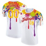 Custom Name and Number Colorful Ink Splashes 3D Pattern Performance T-Shirt - Personalized White Yellow-Red Design Personalized