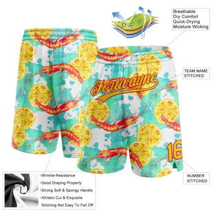 Custom Name and Number Basketball Shorts - 3D Pattern Lobster and Lemon, White Yellow-Red Design Personalized White Yellow-Red
