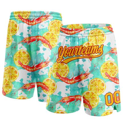 Custom Name and Number Basketball Shorts - 3D Pattern Lobster and Lemon, White Yellow-Red Design Personalized White Yellow-Red