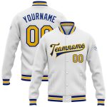 Custom Name and Number Varsity Letterman Jacket - Personalized White Yellow-Royal Bomber Style Personalized White Yellow-Royal