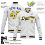 Custom Name and Number Varsity Letterman Jacket - Personalized White Yellow-Royal Bomber Style Personalized White Yellow-Royal
