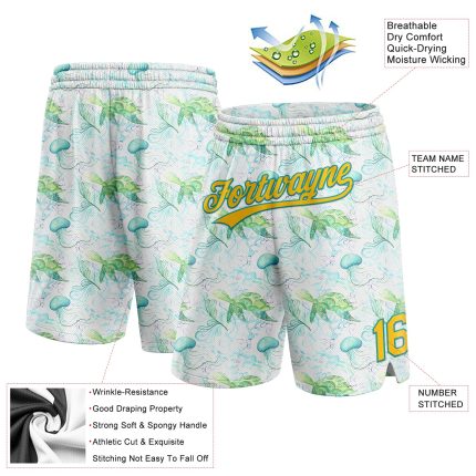 Custom Name and Number Basketball Shorts with 3D Pattern Aquatic Plants and Jellyfish in White Yellow Teal Personalized White