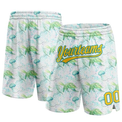 Custom Name and Number Basketball Shorts with 3D Pattern Aquatic Plants and Jellyfish in White Yellow Teal Personalized White