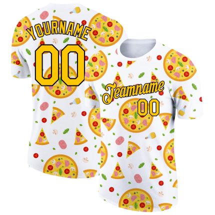 Custom Team Name Number Pizza Performance T-Shirt with Yellow-Black 3D Pattern Design for Food Lovers Personalized With Yellow-Black