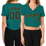 Custom Name & Number Womens Aqua Black-Old Gold V-Neck Cropped Baseball Jersey Personalized Women's Aqua Black-Old Gold V-Neck