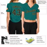 Custom Name & Number Womens Aqua Black-Old Gold V-Neck Cropped Baseball Jersey Personalized Women's Aqua Black-Old Gold V-Neck