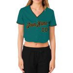 Custom Name & Number Womens Aqua Black-Old Gold V-Neck Cropped Baseball Jersey Personalized Women's Aqua Black-Old Gold V-Neck