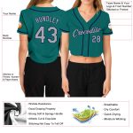 Custom Name and Number Womens Aqua Gray-Navy V-Neck Cropped Baseball Jersey - Personalized Team Apparel Personalized Women's