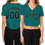 Custom Name & Number Womens Aqua Navy Old Gold V-Neck Cropped Baseball Jersey Personalized Women's Aqua Navy-Old Gold V-Neck