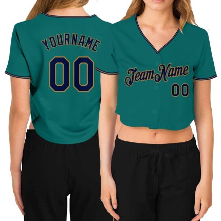 Custom Name & Number Womens Aqua Navy Old Gold V-Neck Cropped Baseball Jersey Personalized Women's Aqua Navy-Old Gold V-Neck