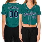 Custom Name and Number Personalized Womens V-Neck Cropped Baseball Jersey in Aqua Navy-White Personalized Women's Aqua Navy-White