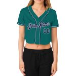 Custom Name and Number Personalized Womens V-Neck Cropped Baseball Jersey in Aqua Navy-White Personalized Women's Aqua Navy-White