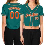 Custom Womens V-Neck Baseball Jersey with Name and Number - Aqua Orange-White Cropped Design Personalized Women's Aqua Orange-White