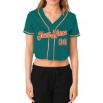 Custom Womens V-Neck Baseball Jersey with Name and Number - Aqua Orange-White Cropped Design Personalized Women's Aqua Orange-White