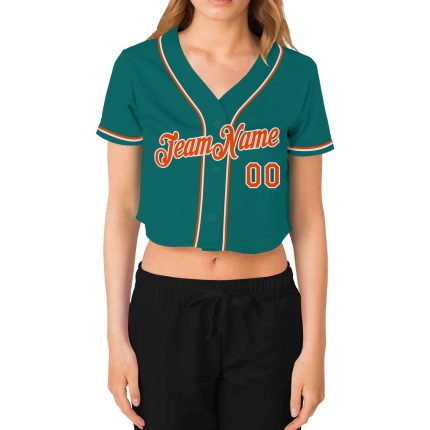 Custom Womens V-Neck Baseball Jersey with Name and Number - Aqua Orange-White Cropped Design Personalized Women's Aqua Orange-White