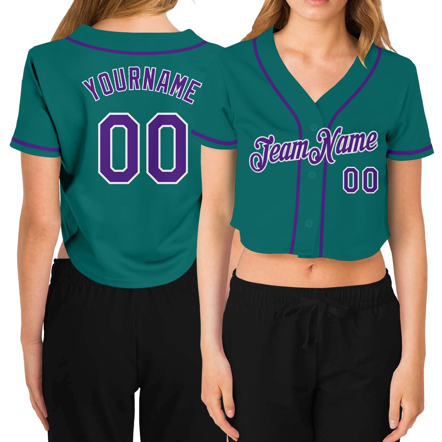 Custom Name and Number Womens Aqua Purple White V-Neck Cropped Baseball Jersey Personalized Women's Aqua Purple-White V-Neck