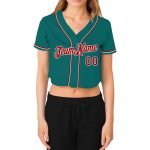 Custom Name and Number Womens Aqua Red-White V-Neck Baseball Jersey - Personalized Cropped Style Personalized Women's Aqua