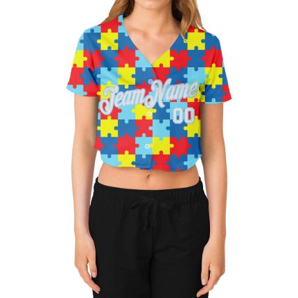 Personalized Autism Awareness Womens 3D V-Neck Cropped Baseball Jersey in White-Light Blue with Custom Name & Number Personalized