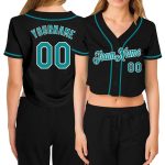 Custom Name and Number Womens Black Aqua-White V-Neck Cropped Baseball Jersey Personalized Women's Black Aqua-White V-Neck