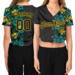 Custom Name Number Black Gold Tropical Palm Leaves 3D V-Neck Cropped Baseball Jersey for Women Personalized Women's Black