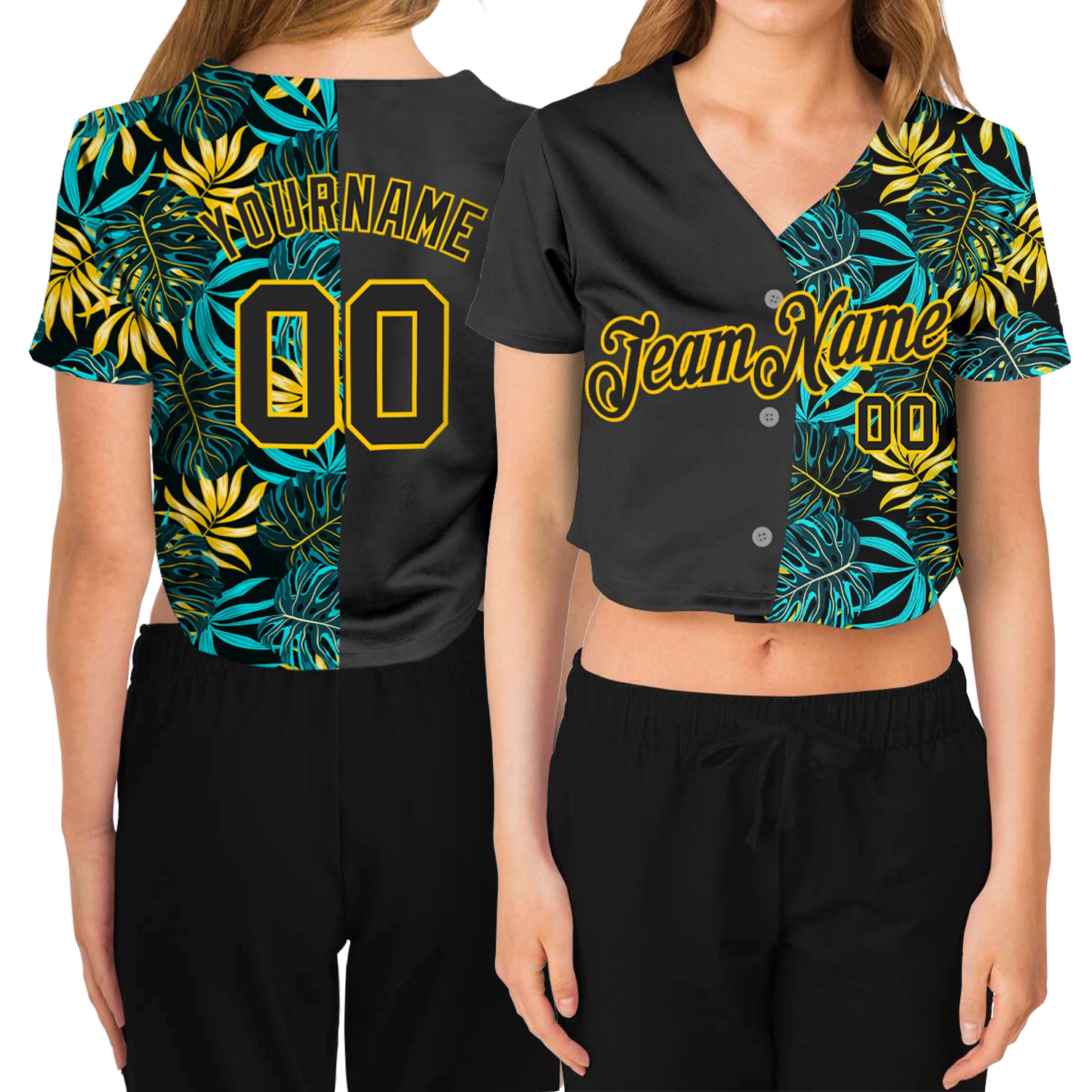 Custom Name Number Black Gold Tropical Palm Leaves 3D V-Neck Cropped Baseball Jersey for Women Personalized Women's Black