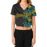 Custom Name Number Black Gold Tropical Palm Leaves 3D V-Neck Cropped Baseball Jersey for Women Personalized Women's Black