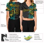 Custom Name Number Black Gold Tropical Palm Leaves 3D V-Neck Cropped Baseball Jersey for Women Personalized Women's Black