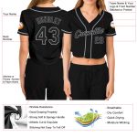 Custom Name Number Womens V-Neck Black-Gray Cropped Baseball Jersey - Personalized Team Apparel Personalized Women's Black