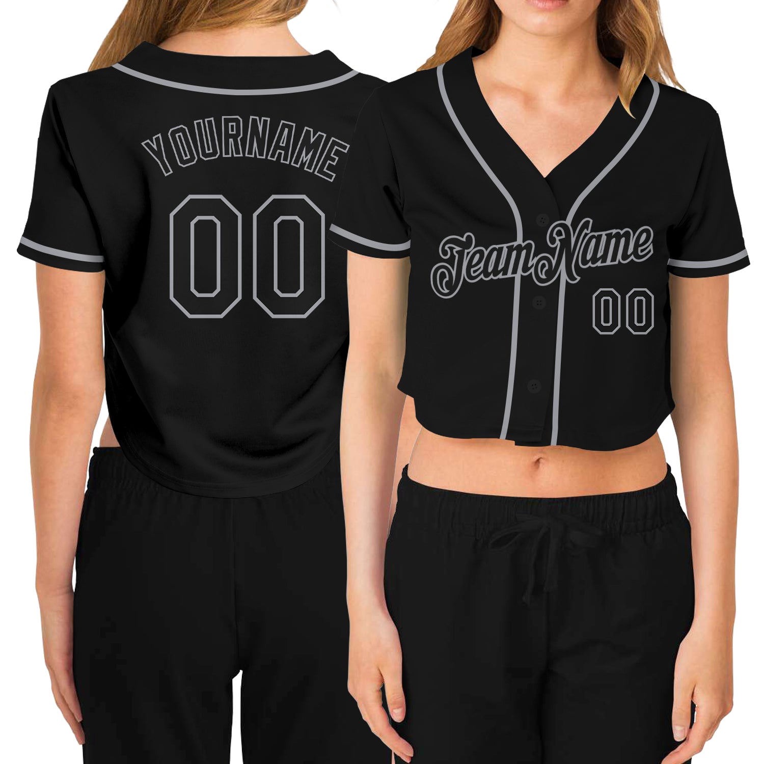 Custom Name Number Womens V-Neck Black-Gray Cropped Baseball Jersey - Personalized Team Apparel Personalized Women's Black