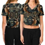 Personalized Womens Black Gold Tiger Peacock 3D V-Neck Cropped Baseball Jersey Custom Name Number Personalized Women's Black