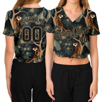 Personalized Womens Black Gold Tiger Peacock 3D V-Neck Cropped Baseball Jersey Custom Name Number Personalized Women's Black