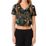 Personalized Womens Black Gold Tiger Peacock 3D V-Neck Cropped Baseball Jersey Custom Name Number Personalized Women's Black