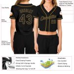Custom Name and Number Womens V-Neck Black and Old Gold Cropped Baseball Jersey - Personalized Team Apparel Personalized